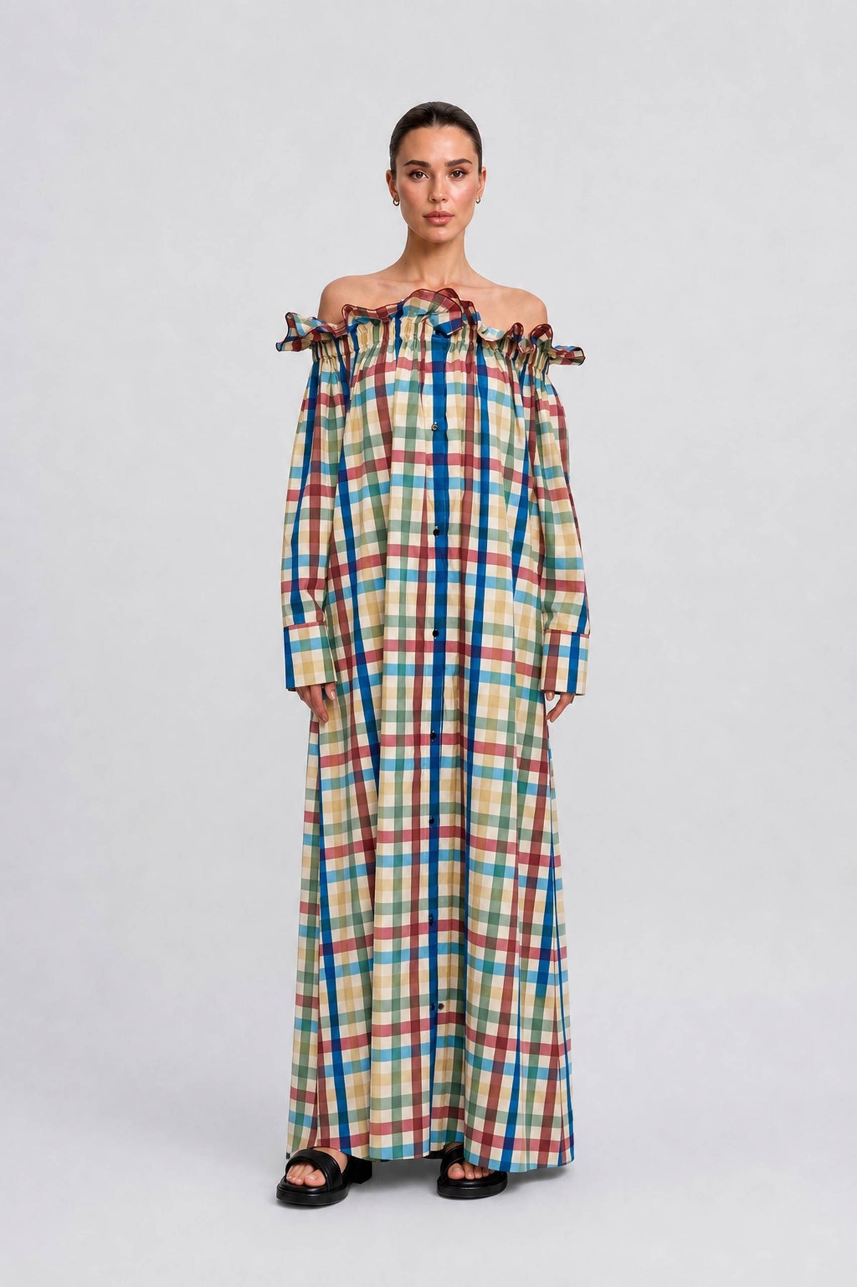 Colorful Plaid Wooden Ear Off-shoulder Long Sleeve Breasted Loose Long Shirt Dress