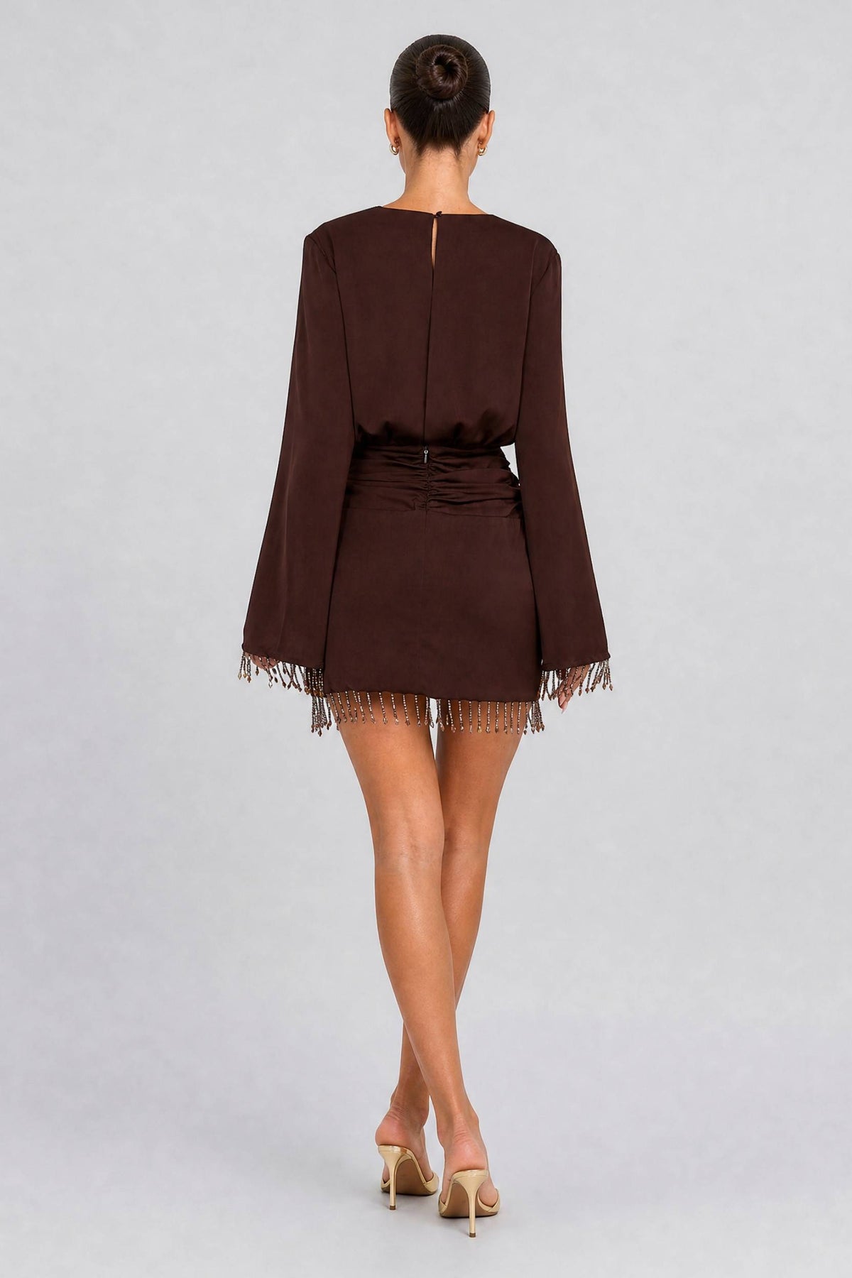Deep V Satin Long Sleeve Short Dress