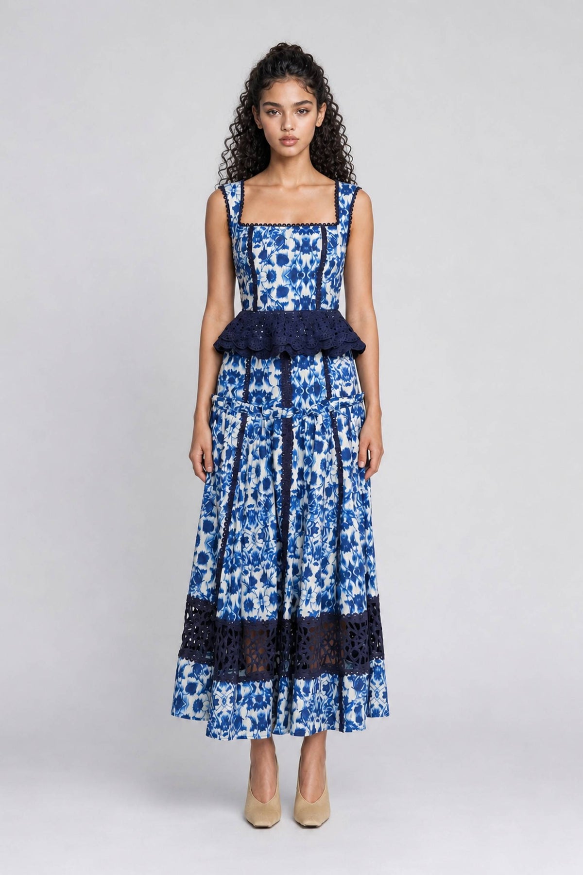 Blue Floral Print Sleeveless Maxi Dress With Waist Tie - Boho Chic Summer Gown