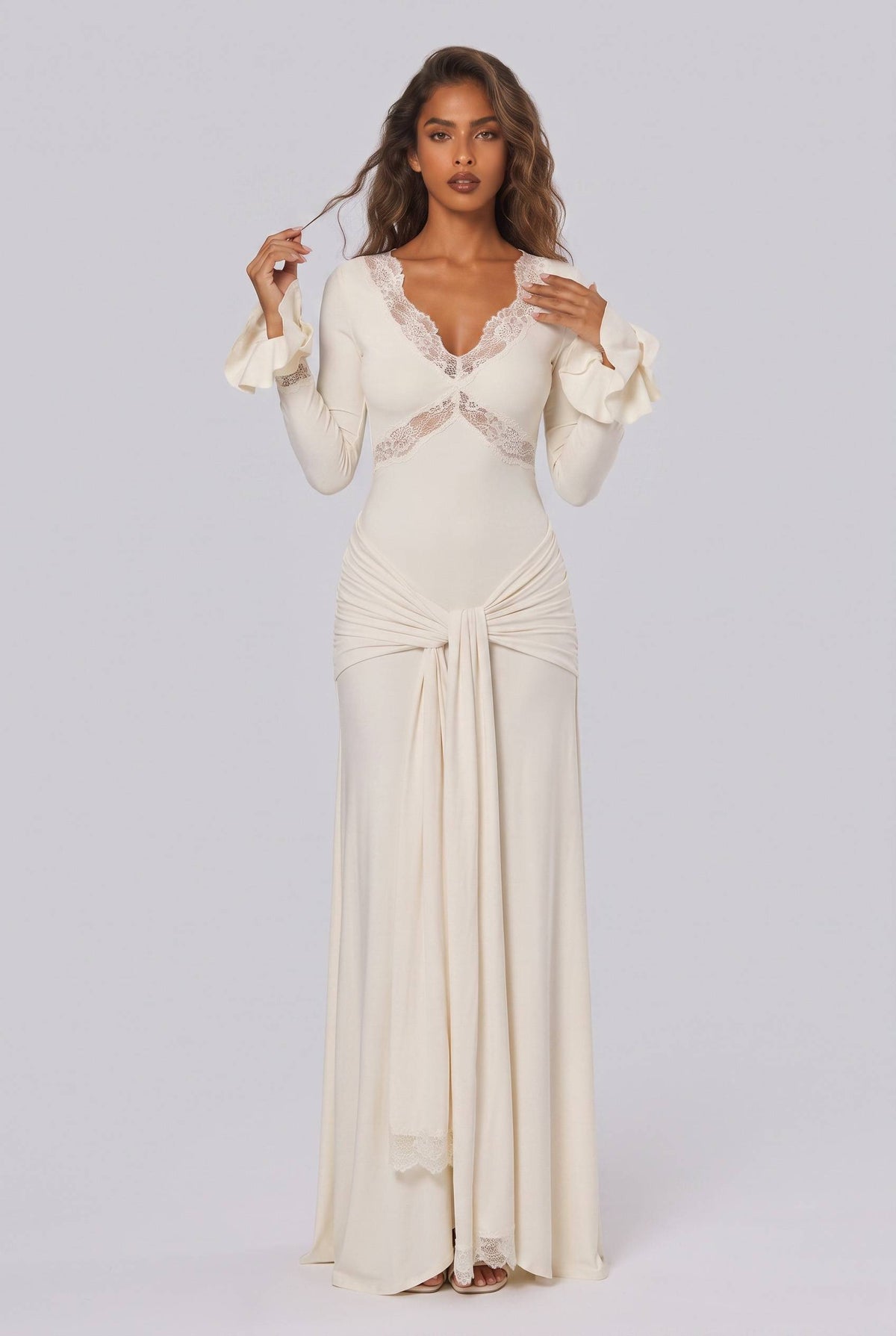 Tight Waist Lace Trim Horn Sleeve Long Dress