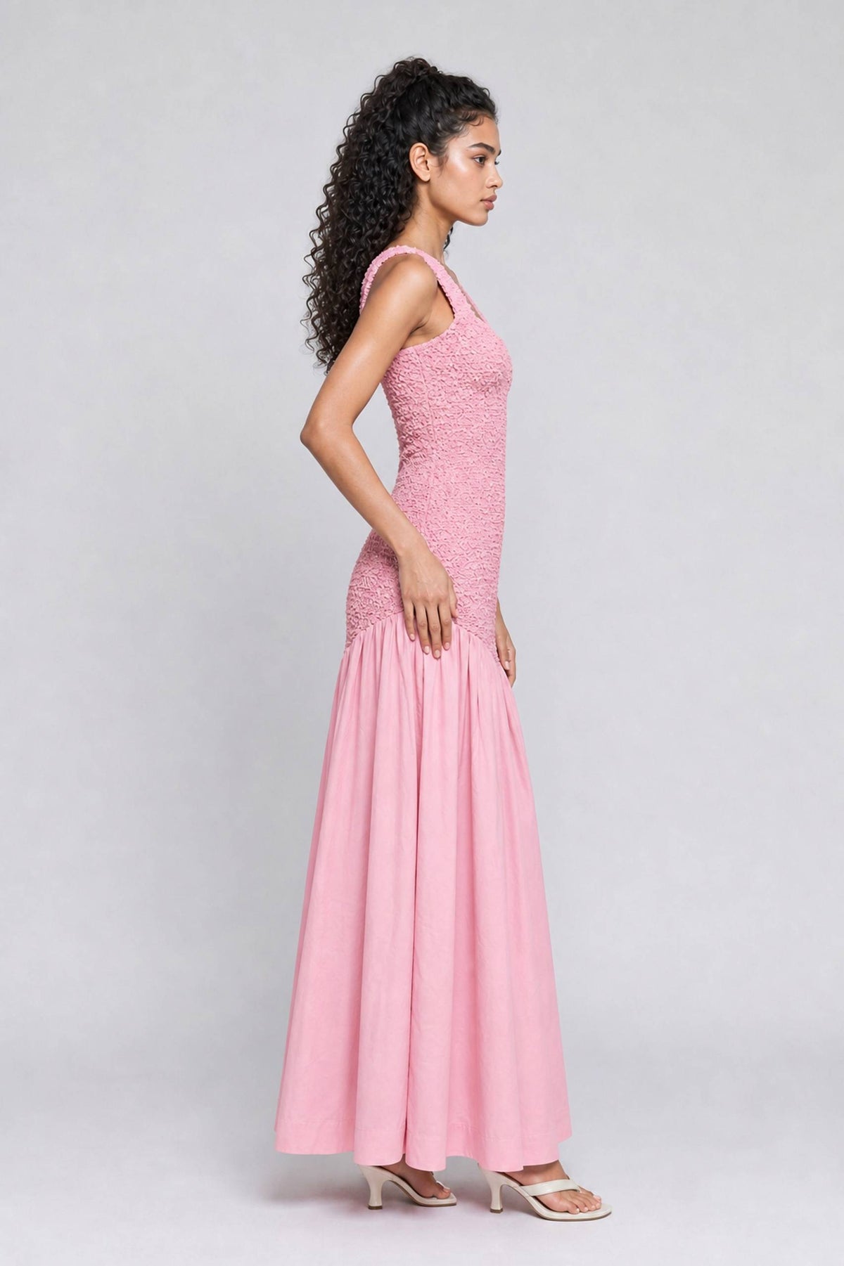 Pink Square Collar Bubble Texture Strap Tight Waist Swing Stitching Long Dress