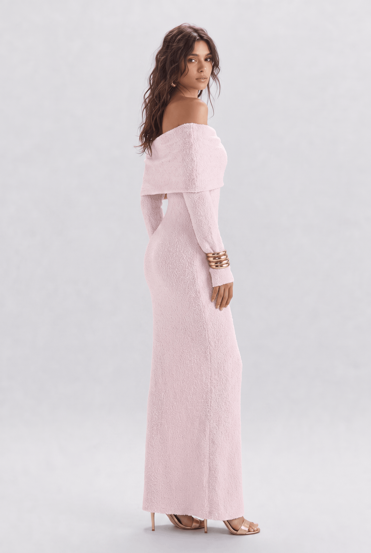 Texture Tweed Off-shoulder Long Dress