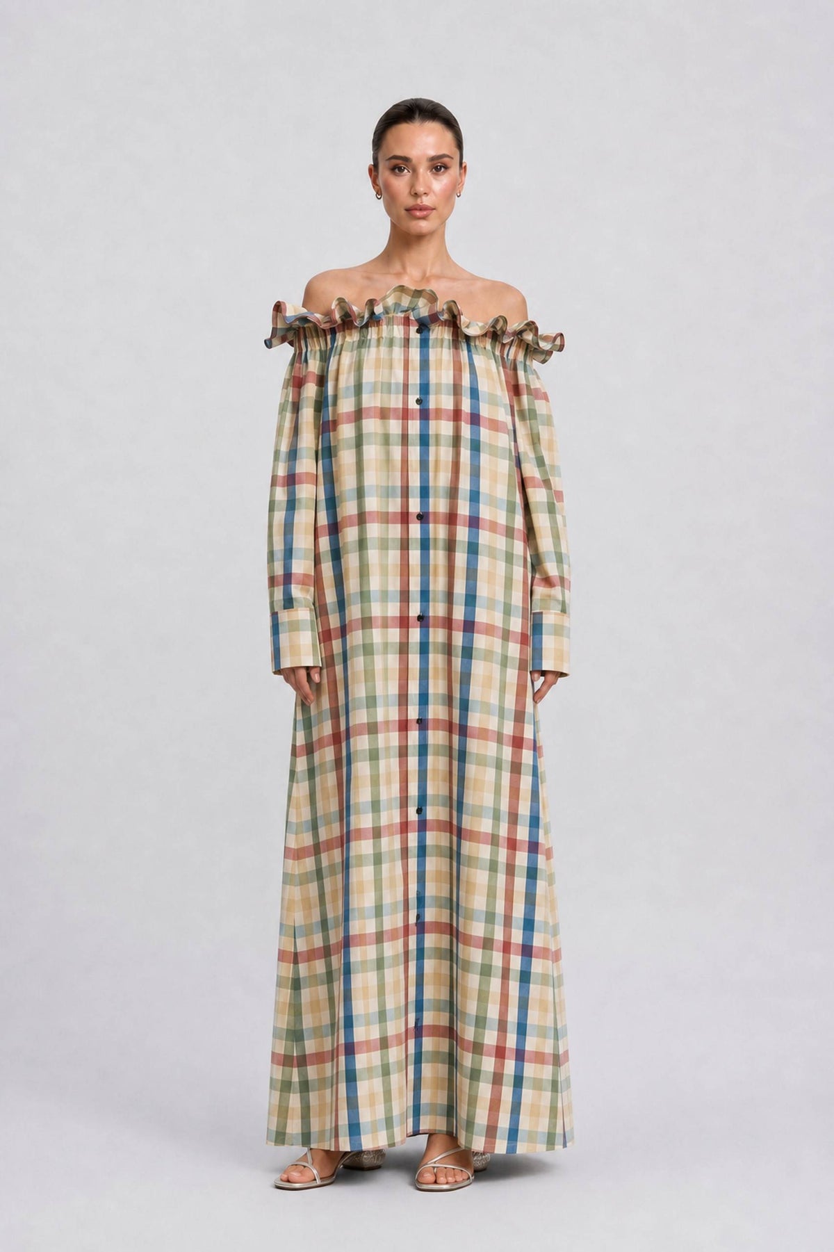 Colorful Plaid Wooden Ear Off-shoulder Long Sleeve Breasted Loose Long Shirt Dress