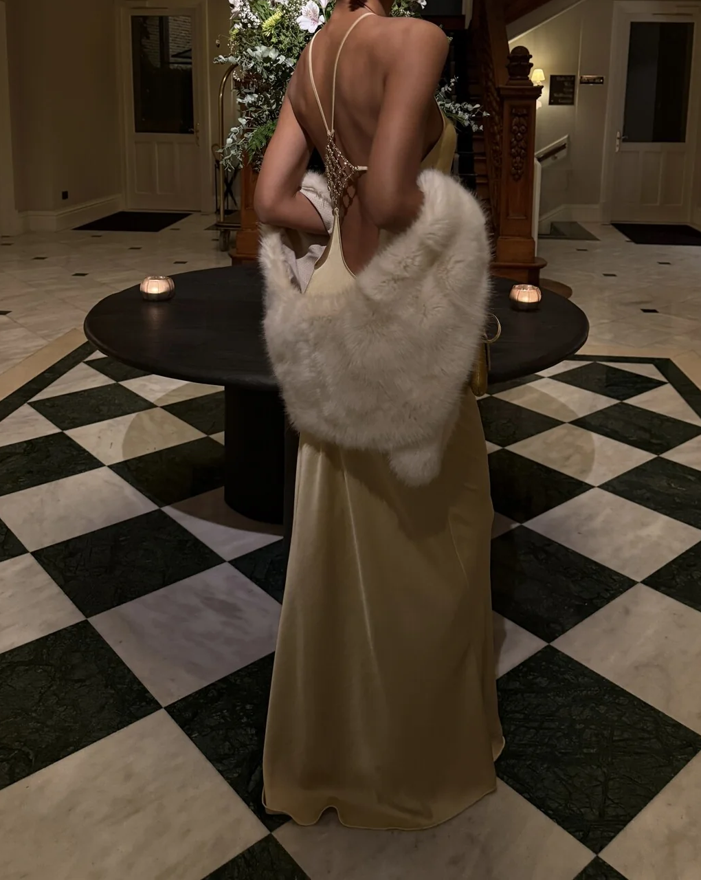 Champagne Gold Halter Neck Maxi Dress With Geometric Chain Back - Luxe Satin Evening Gown