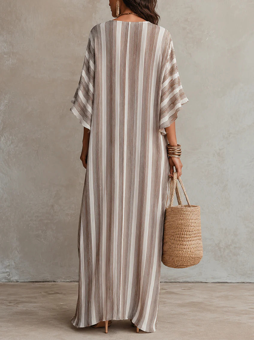 Striped V Neck Half Sleeve Pocket Kaftan Maxi Dress