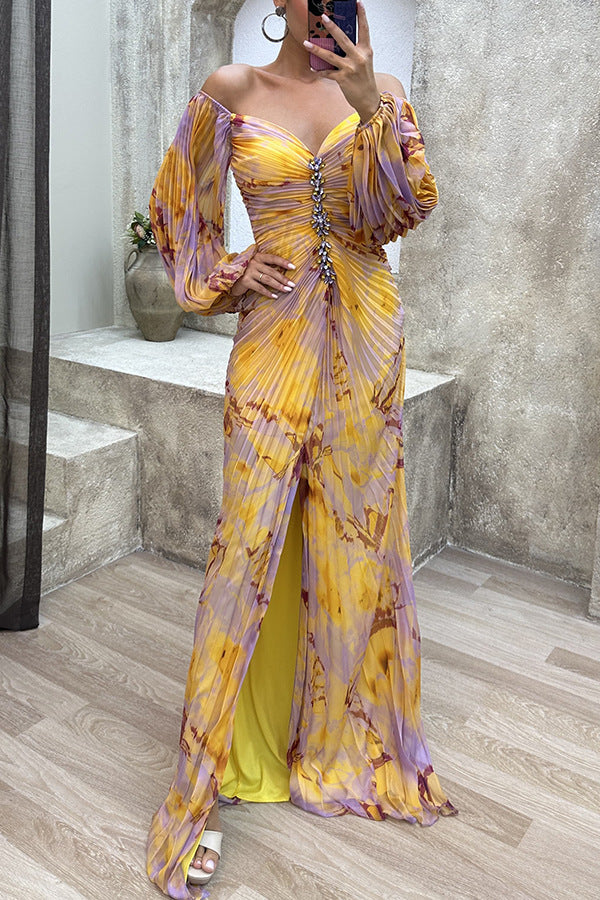 Off‑Shoulder Floral Print Pleated Maxi Dress Rhinestone Split Formal Evening Gown