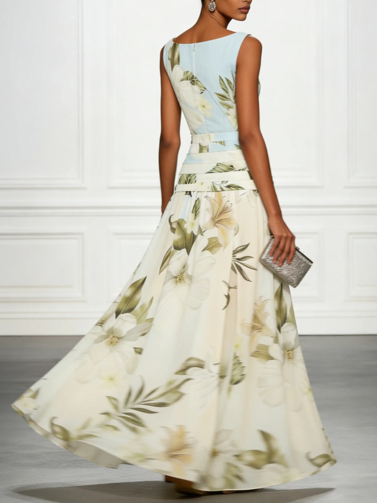Sleeveless Boat Neck Floral Print Waistband Maxi Dress