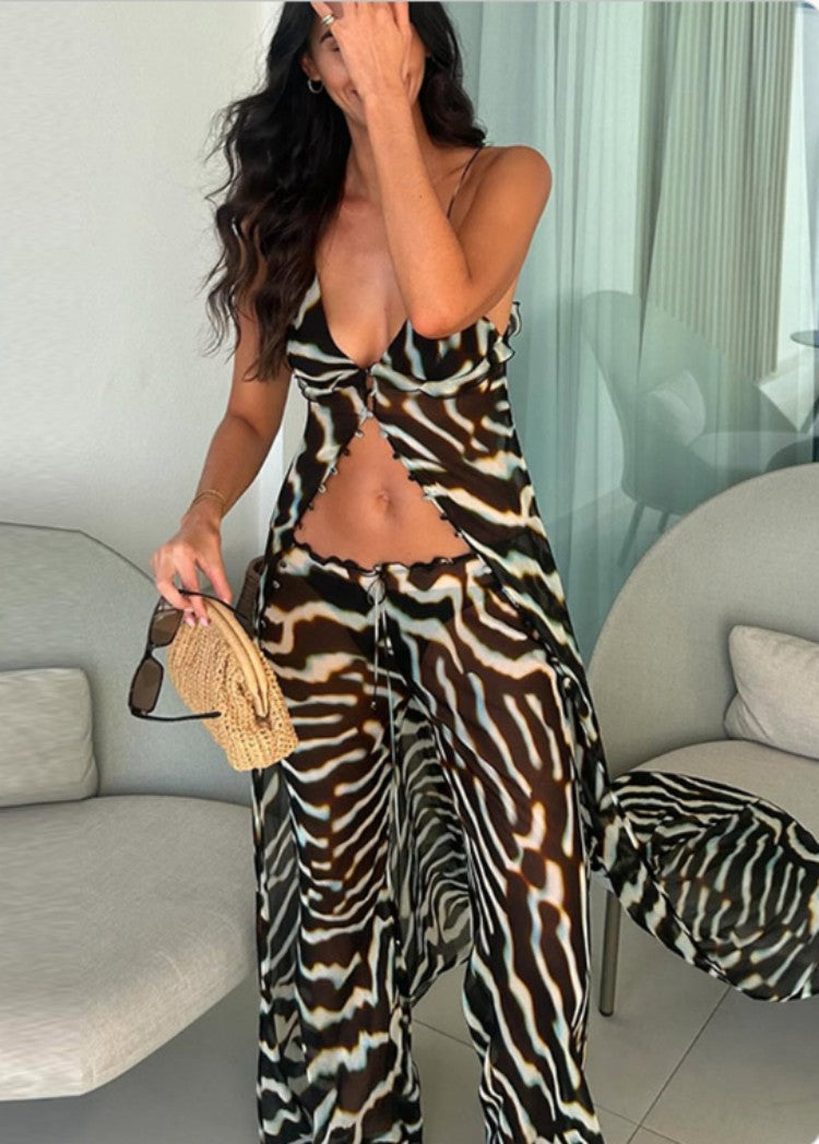 Zebra Print Sheer Cami Maxi Cover Up Pant Set