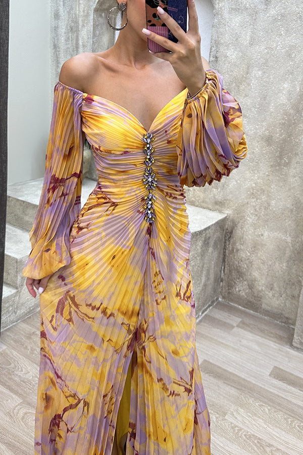Off‑Shoulder Floral Print Pleated Maxi Dress Rhinestone Split Formal Evening Gown