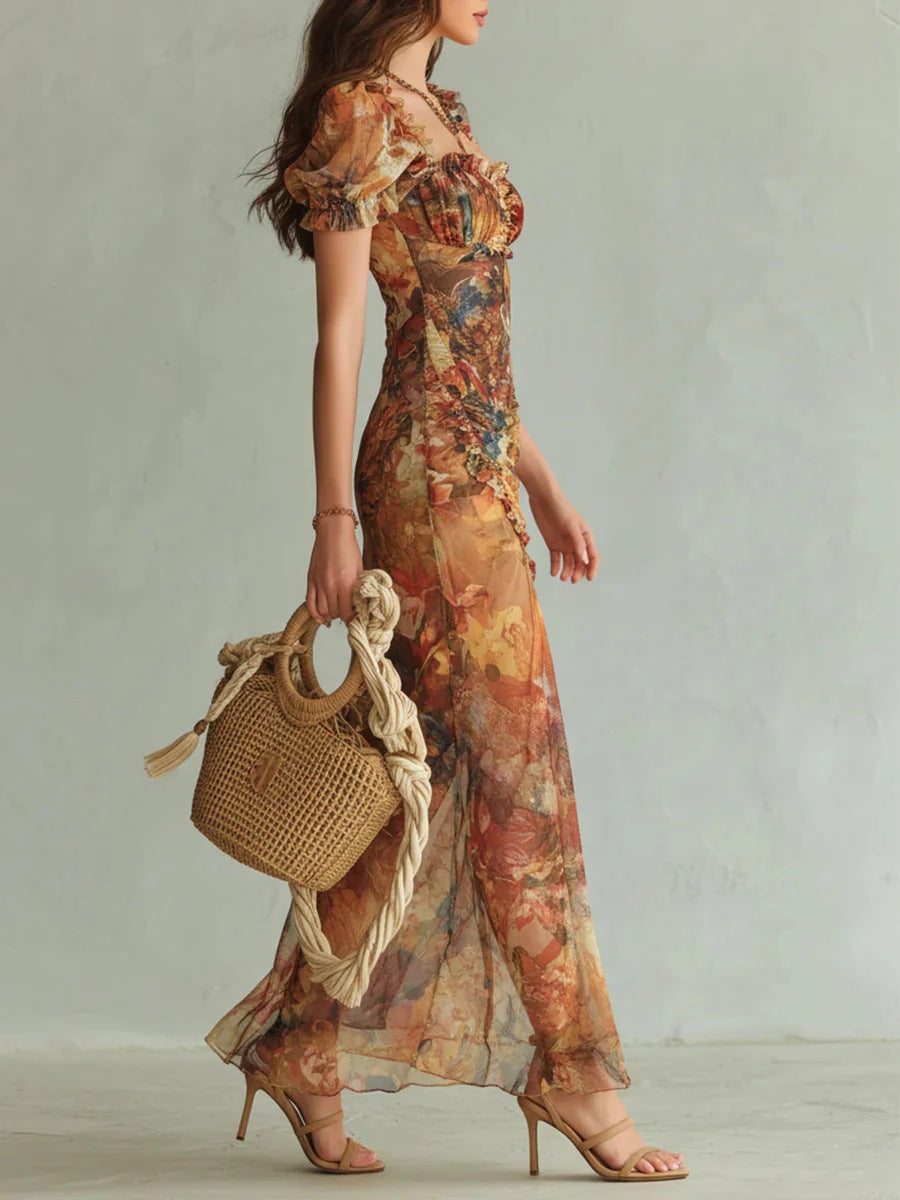 Vintage Floral Puff Sleeve Ruched Split Midi Dress