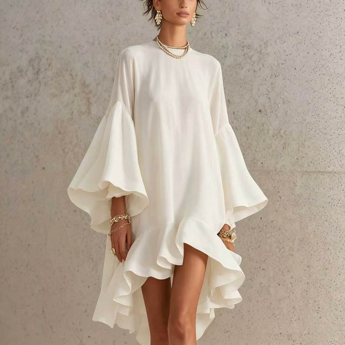 Bell Sleeve High Low Ruffle Tunic Mini Dress