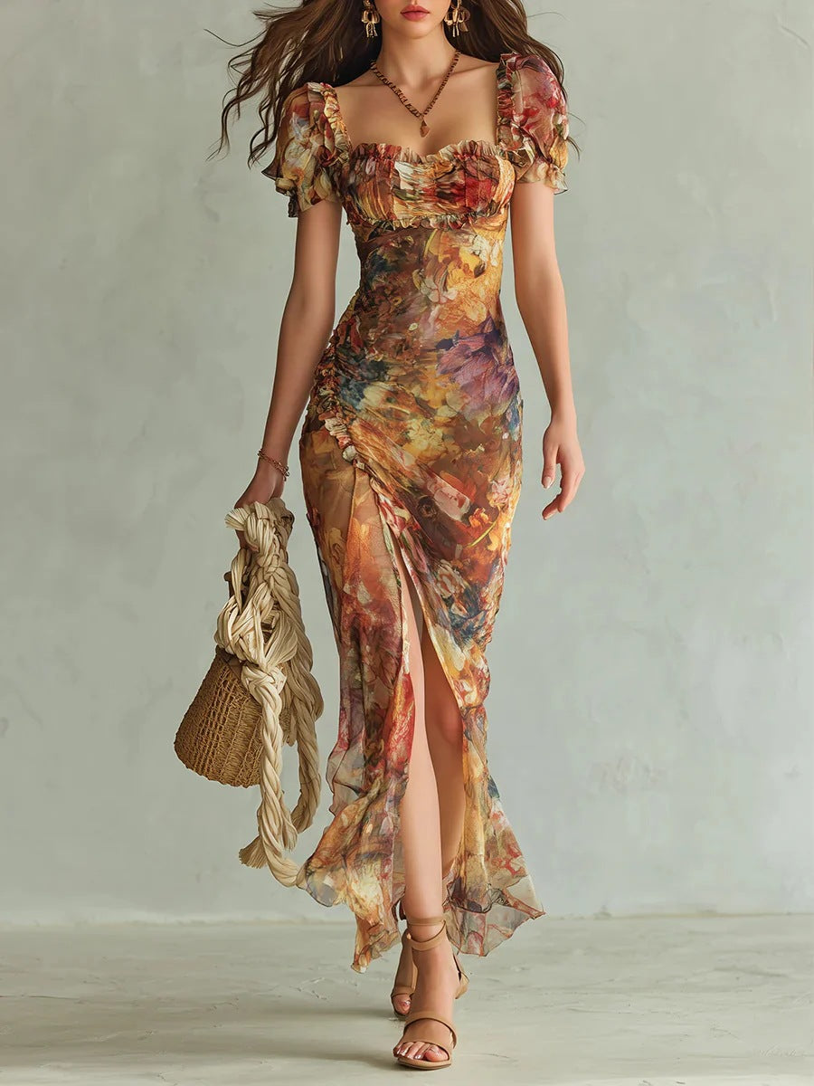 Vintage Floral Puff Sleeve Ruched Split Midi Dress