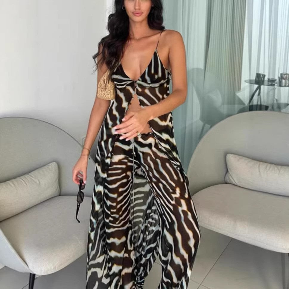 Zebra Print Sheer Cami Maxi Cover Up Pant Set