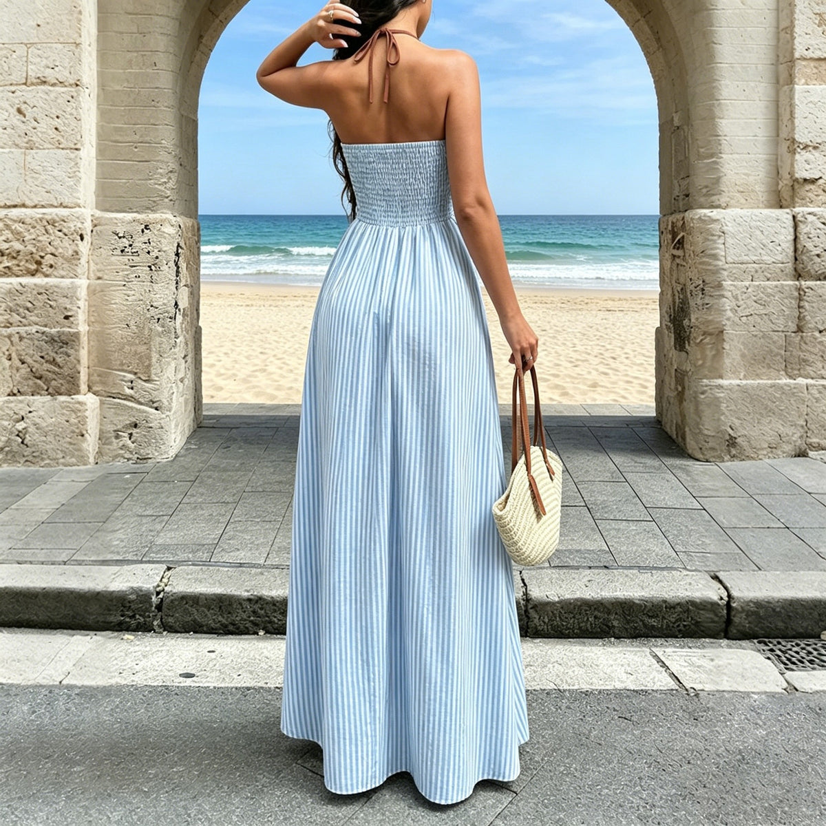 Striped Halter Cutout Maxi Summer Dress