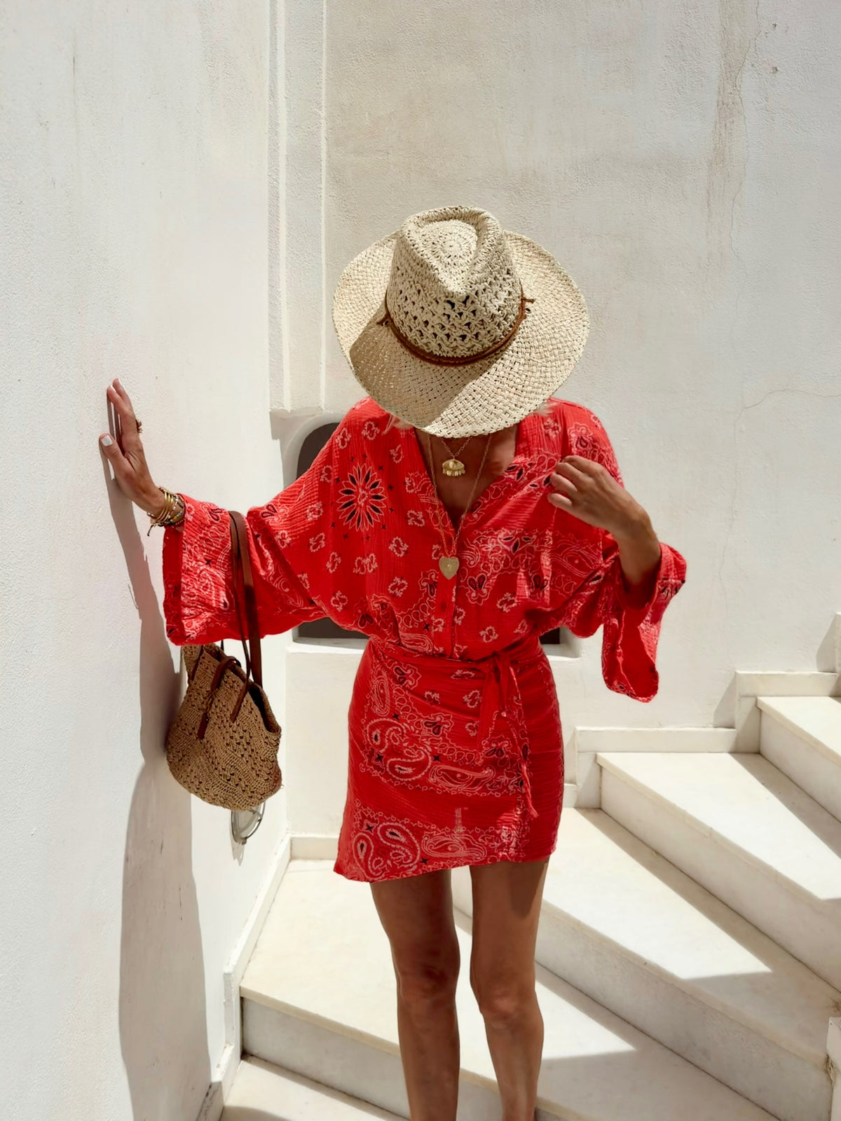 Red Paisley Print V Neck Bell Sleeve Belted Wrap Mini Dress