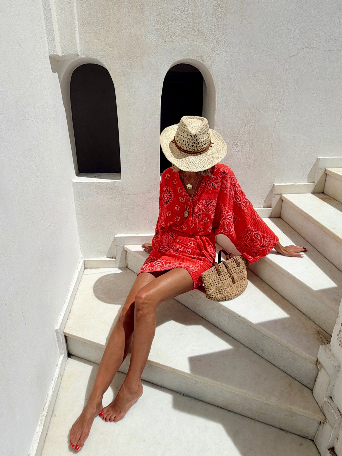 Red Paisley Print V Neck Bell Sleeve Belted Wrap Mini Dress