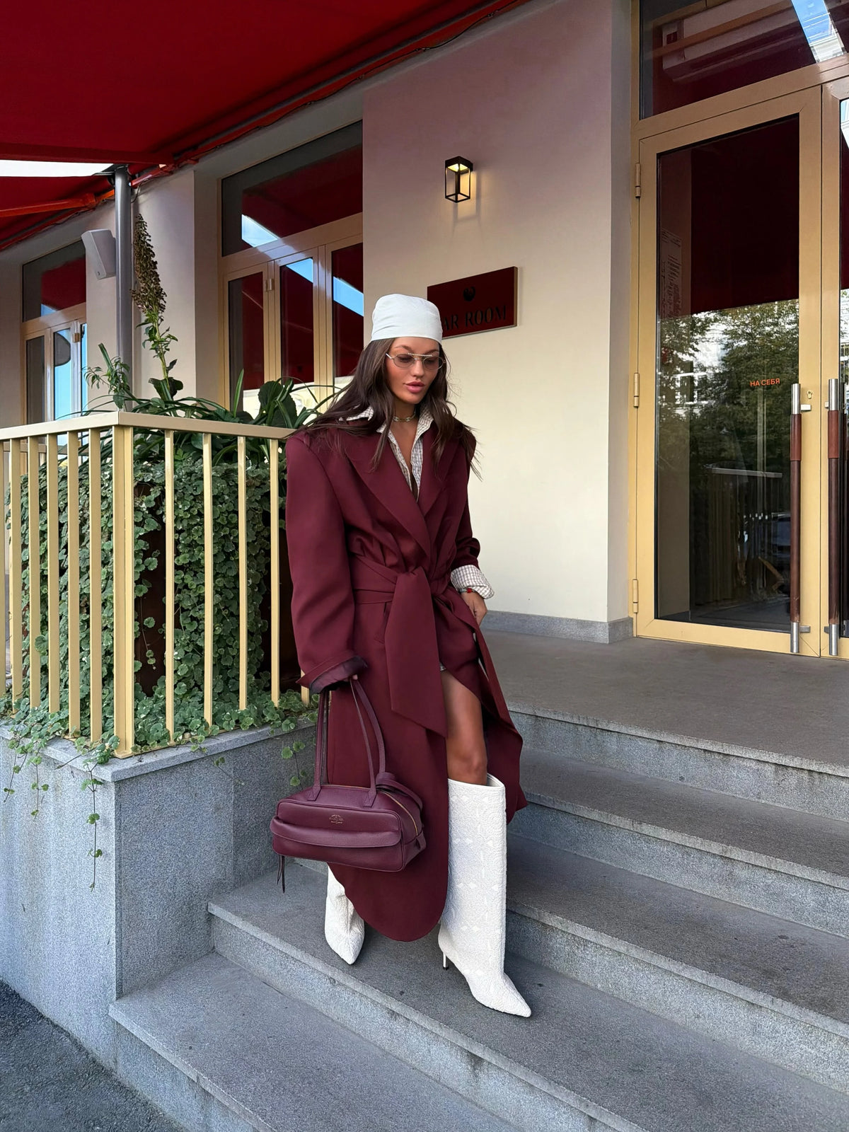 Burgundy Wide Lapel Belted Wrap Midi Coat with Drop Shoulders
