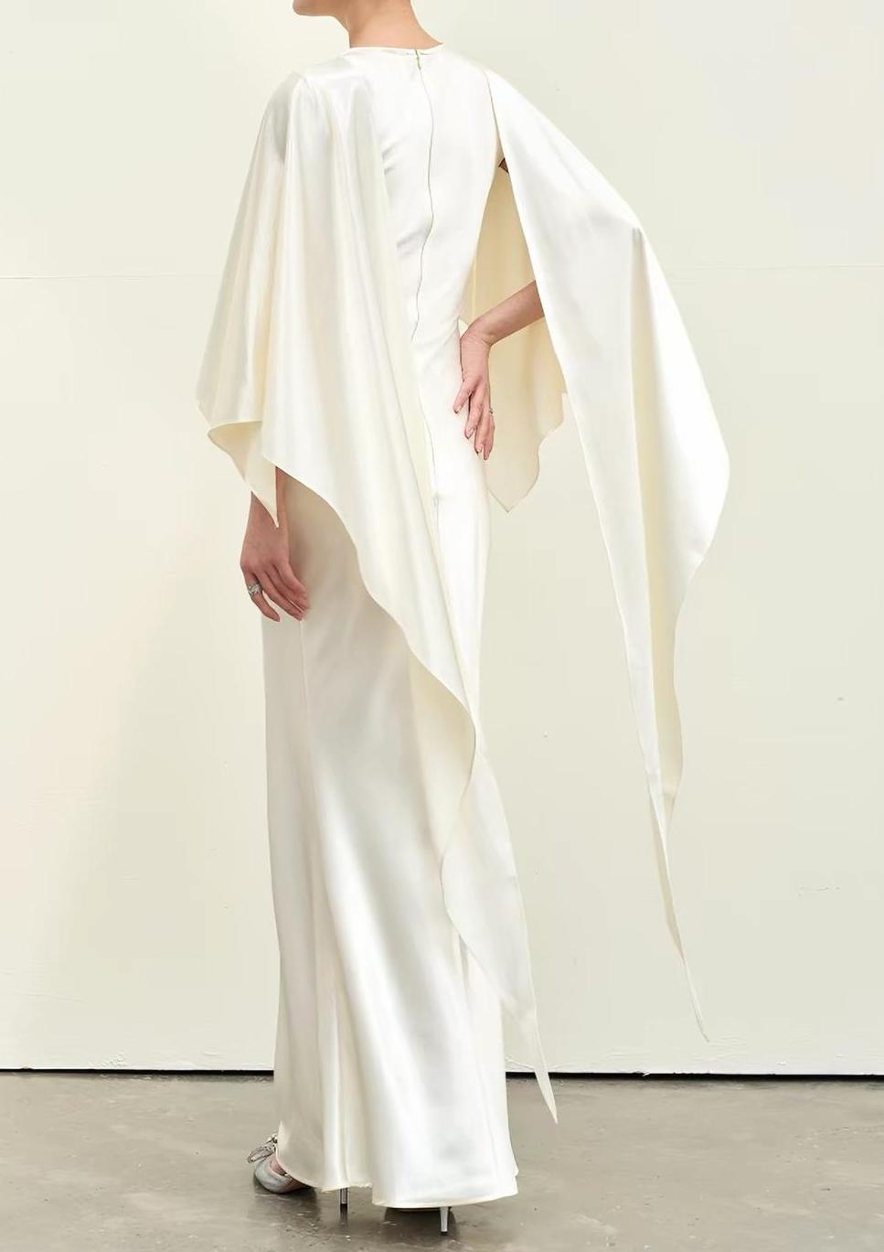 Satin Cape-Neck Mermaid Gown
