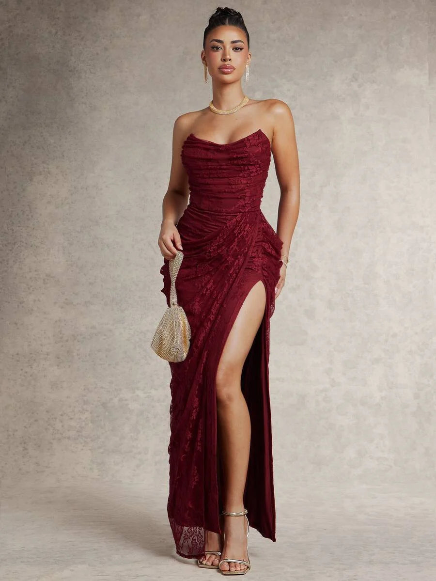 Strapless Ruched Lace Slit Maxi Dress in Burgundy