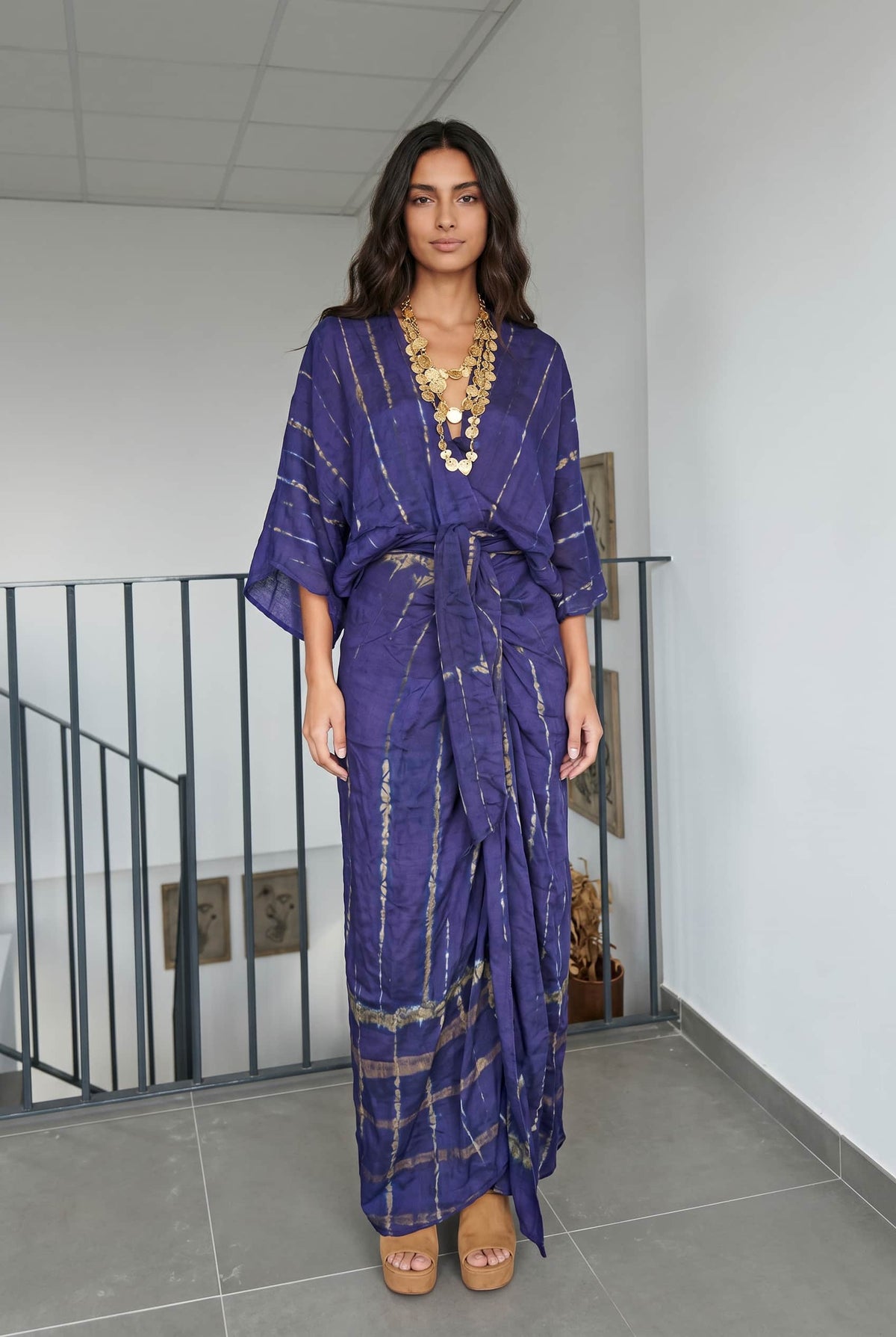 V-Neck Printed Slit Streamer Design Maxi Dress