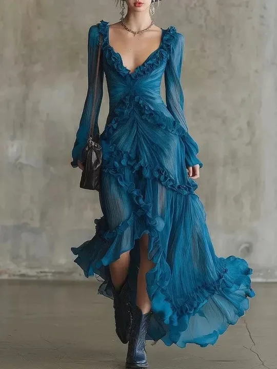 Teal V-Neck Ruffled Long Sleeve High Slit Asymmetrical Maxi Dress