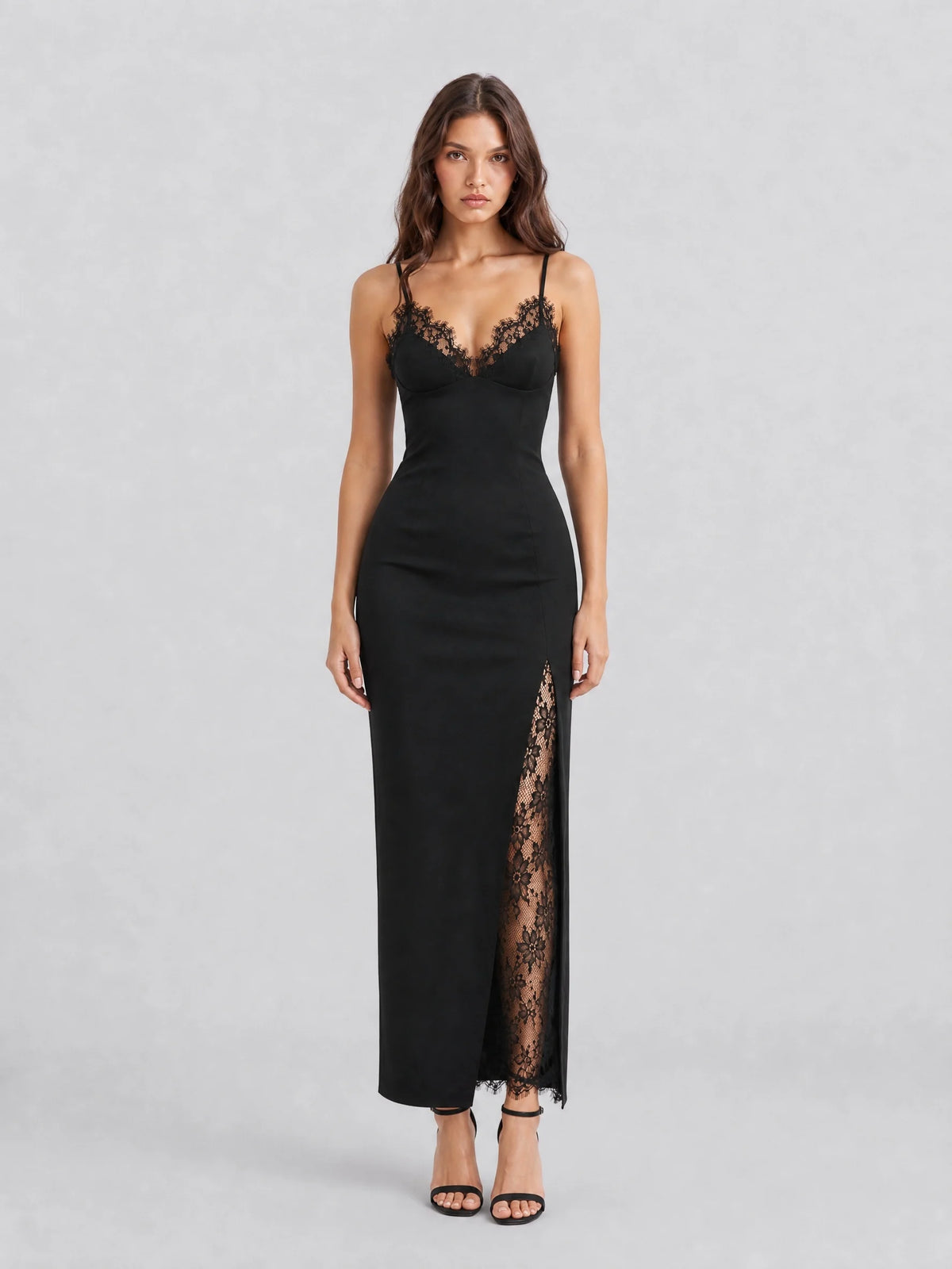Black Lace Trim Cami Maxi Dress with Slit Detail