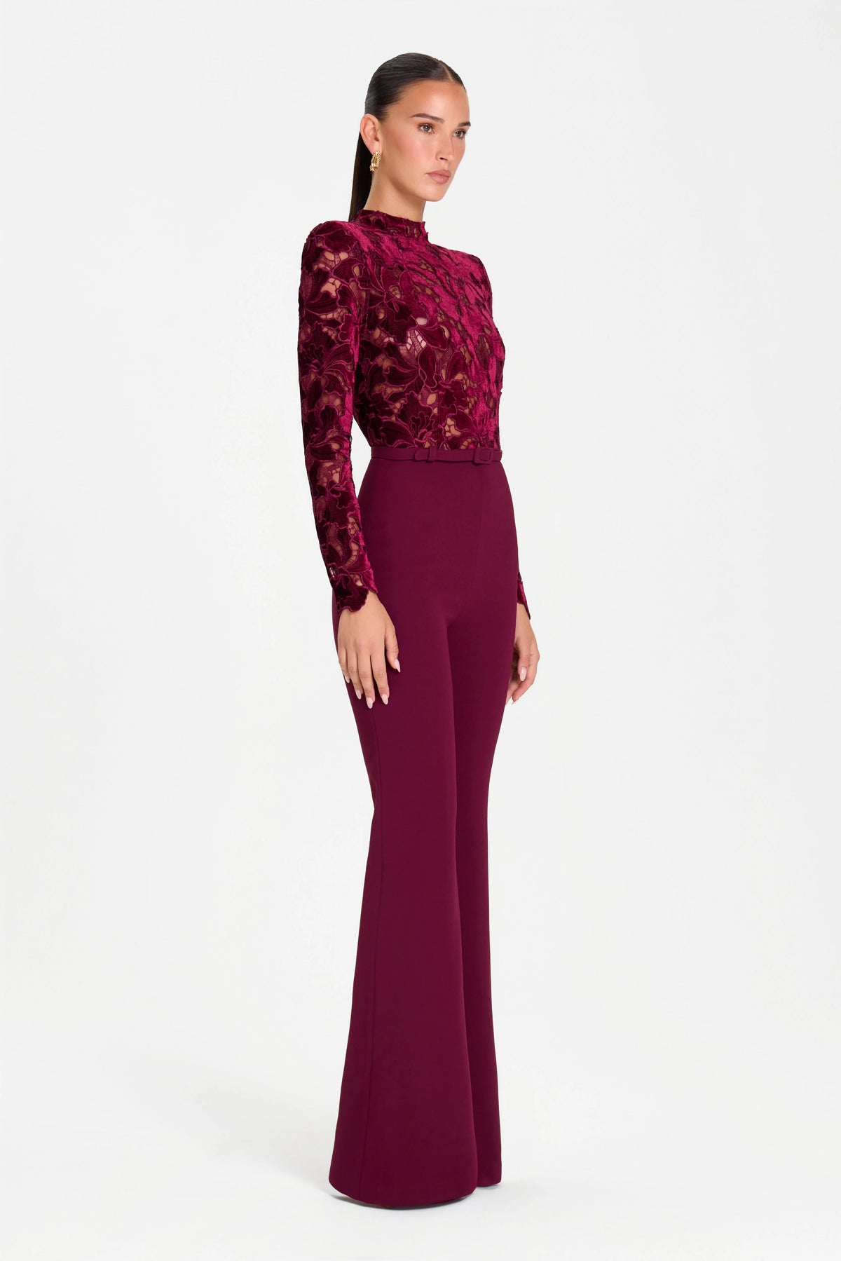 Burgundy Lace Mock Neck Long Sleeve Belted Flared Leg Jumpsuit