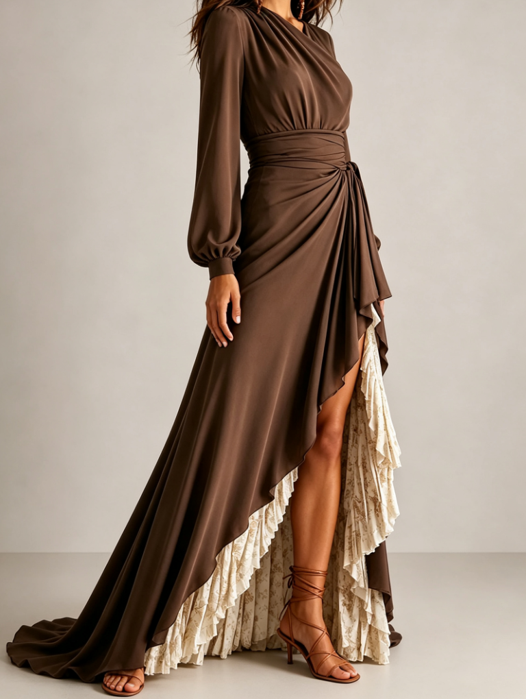 Chocolate Brown Satin Asymmetric Ruffle Hem Maxi Dress With Floral Contrast