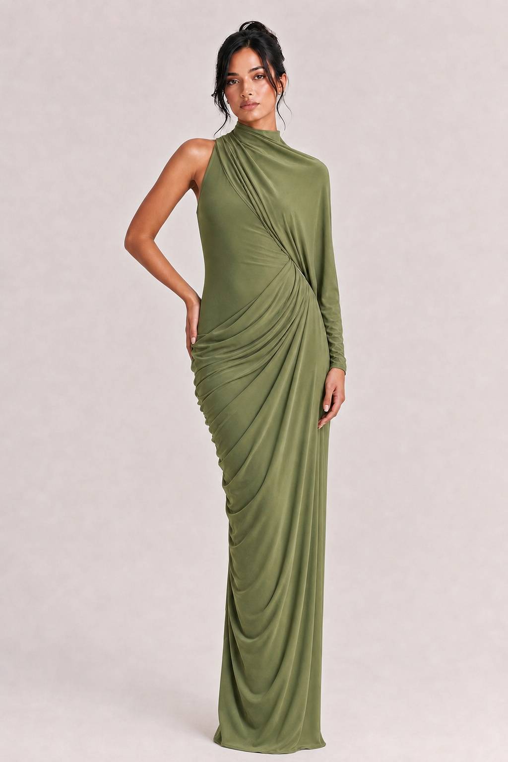 Elegant Asymmetrical One-Sleeve Draped Maxi Dress