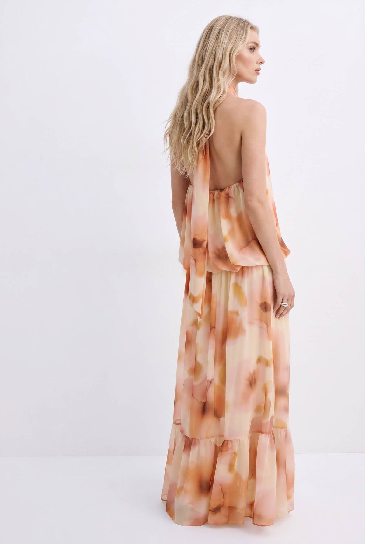 Halter-Neck Lace-Up Printed Maxi Dress