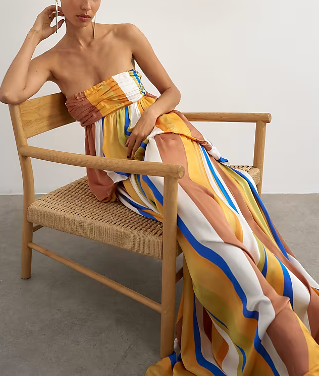 Strapless Color Block Striped Flowy Maxi Dress