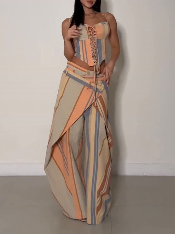 Pastel Stripe Corset Top & Draped Pants Two-Piece Set