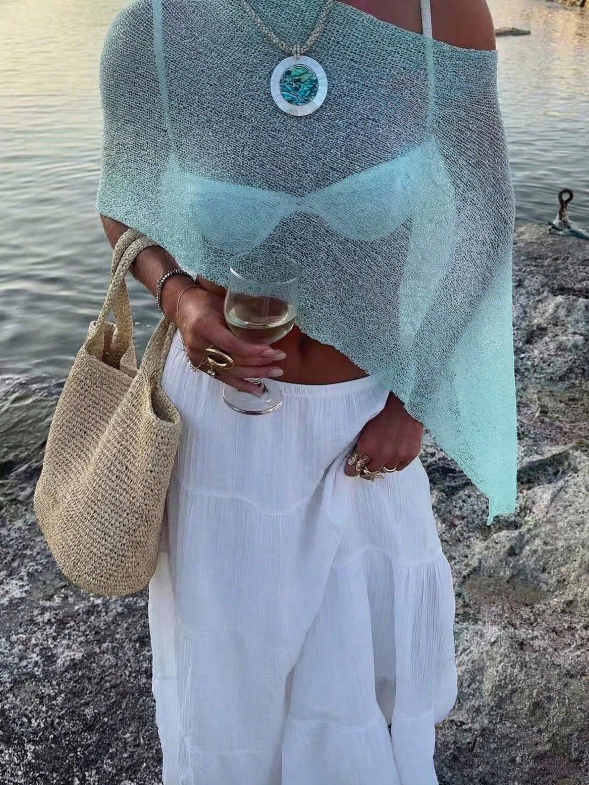 ight Blue Off‑Shoulder Mesh Knit Cover‑Up, Loose Long Sleeve Beach Top for Women