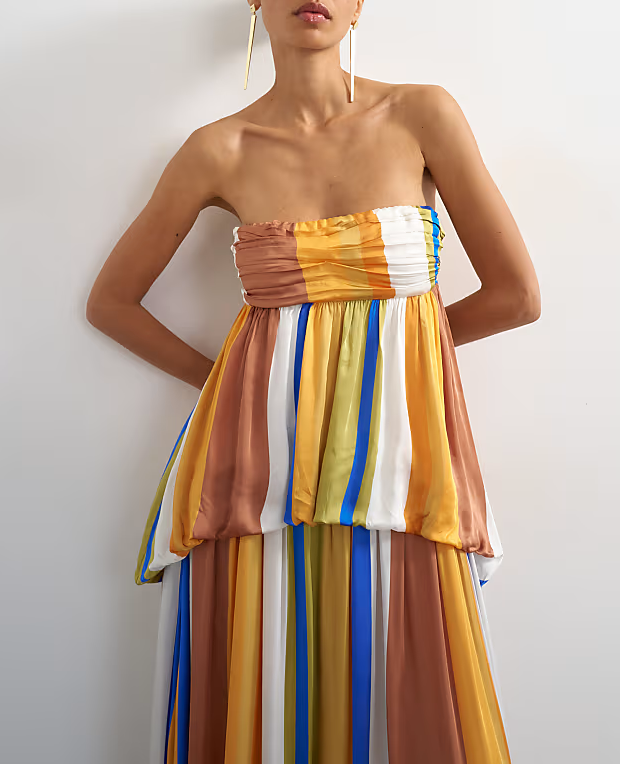 Strapless Color Block Striped Flowy Maxi Dress