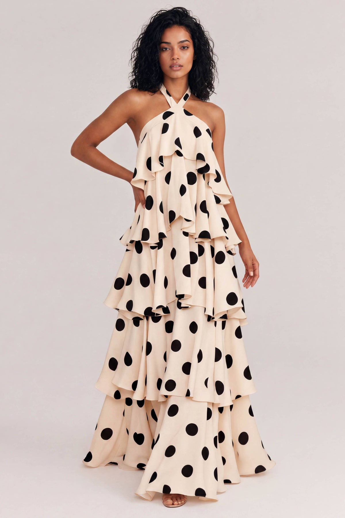 Elegant Halter Neck Polka Dot Tiered Maxi Dress