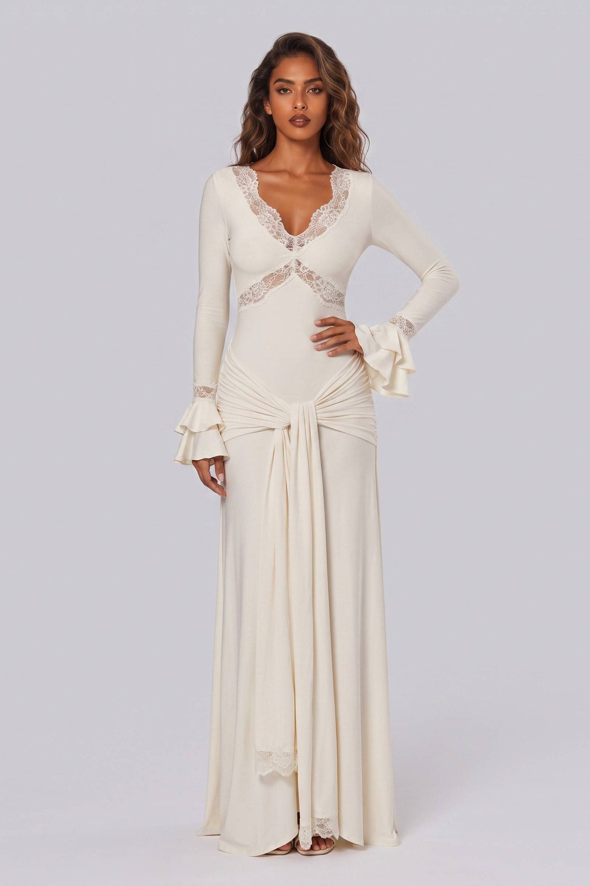 Tight Waist Lace Trim Horn Sleeve Long Dress