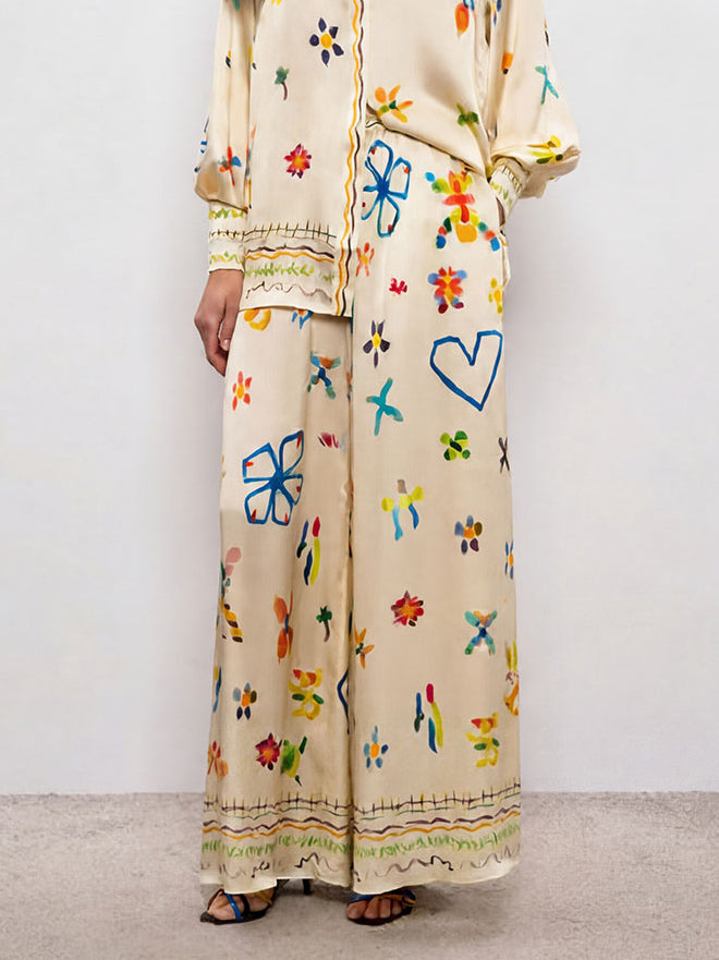 Unique Satin Hand-Painted Watercolor Print Lapel Button Shirt Two-Piece Set