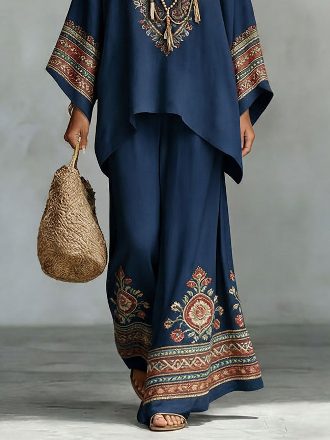 Retro Ethnic Floral Print Batwing Sleeve Shirt & Pants Two-Piece Set