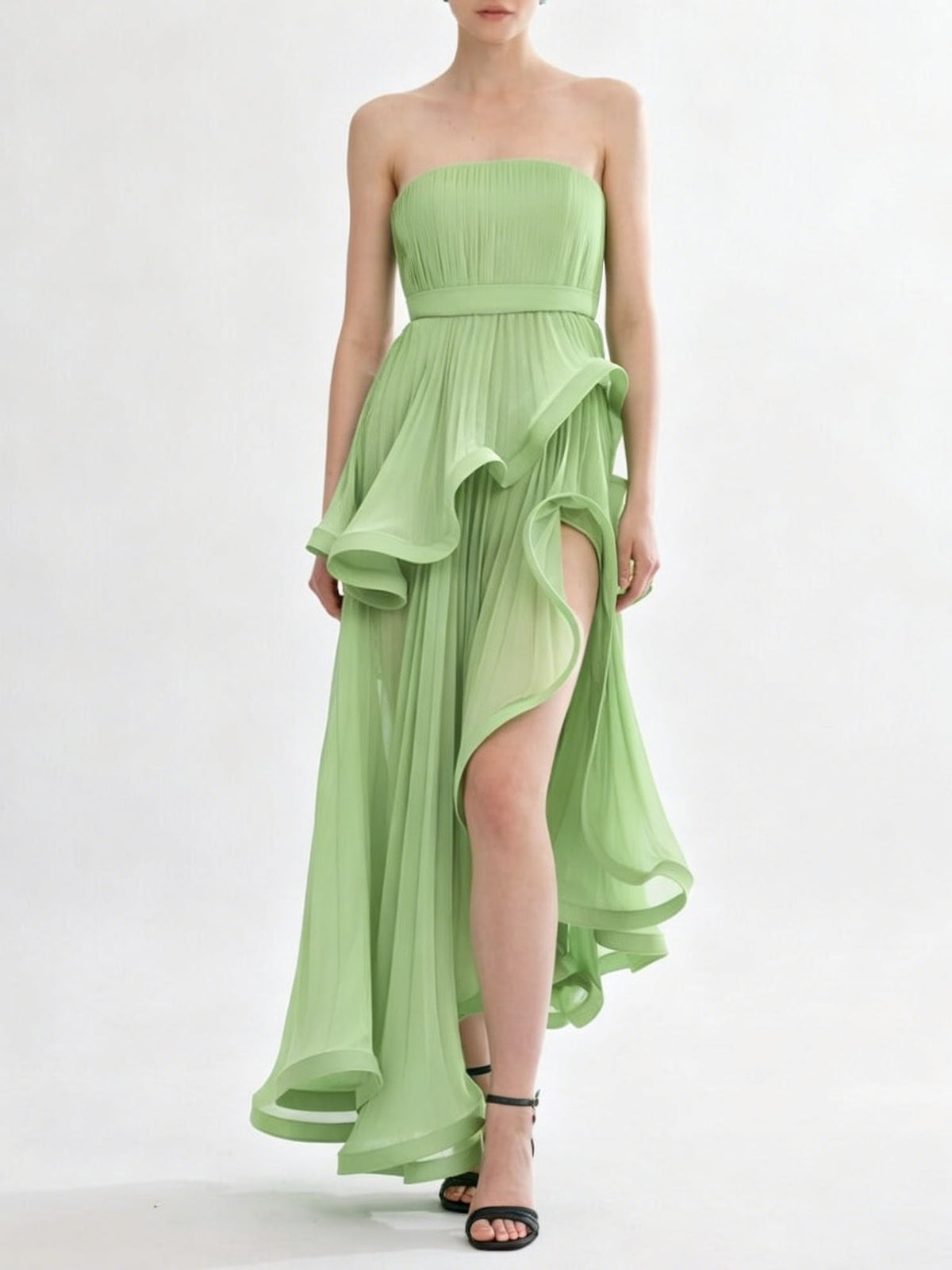Elegant Strapless Ruffle Tiered High Slit Ruched Maxi Dress