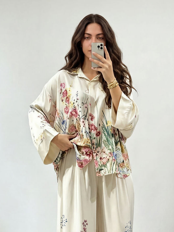 Elegant Floral Print Satin Button Shirt
