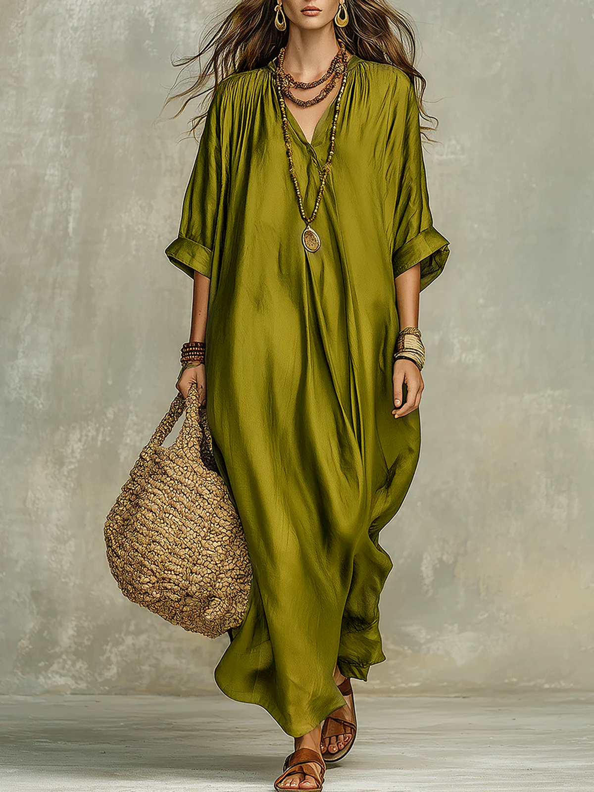 Lässiges olivgrünes Boho-Maxikleid