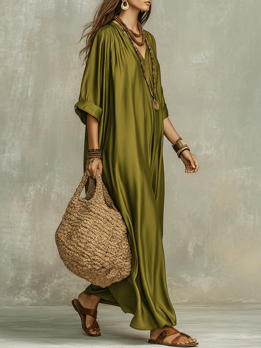 Lässiges olivgrünes Boho-Maxikleid