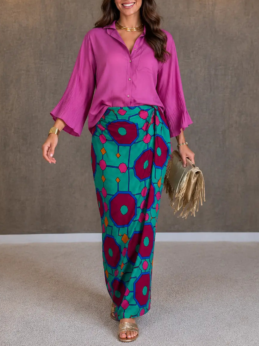 Vintage Bold Print Shirt & Lace-Up Skirt Two-Piece Set