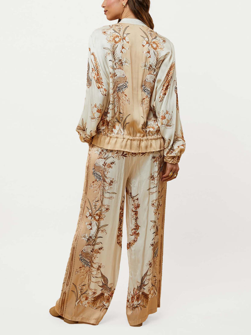 Vintage Bird Print Zip-Up Bomber Jacket & Wide-Leg Pants Two-Piece Set