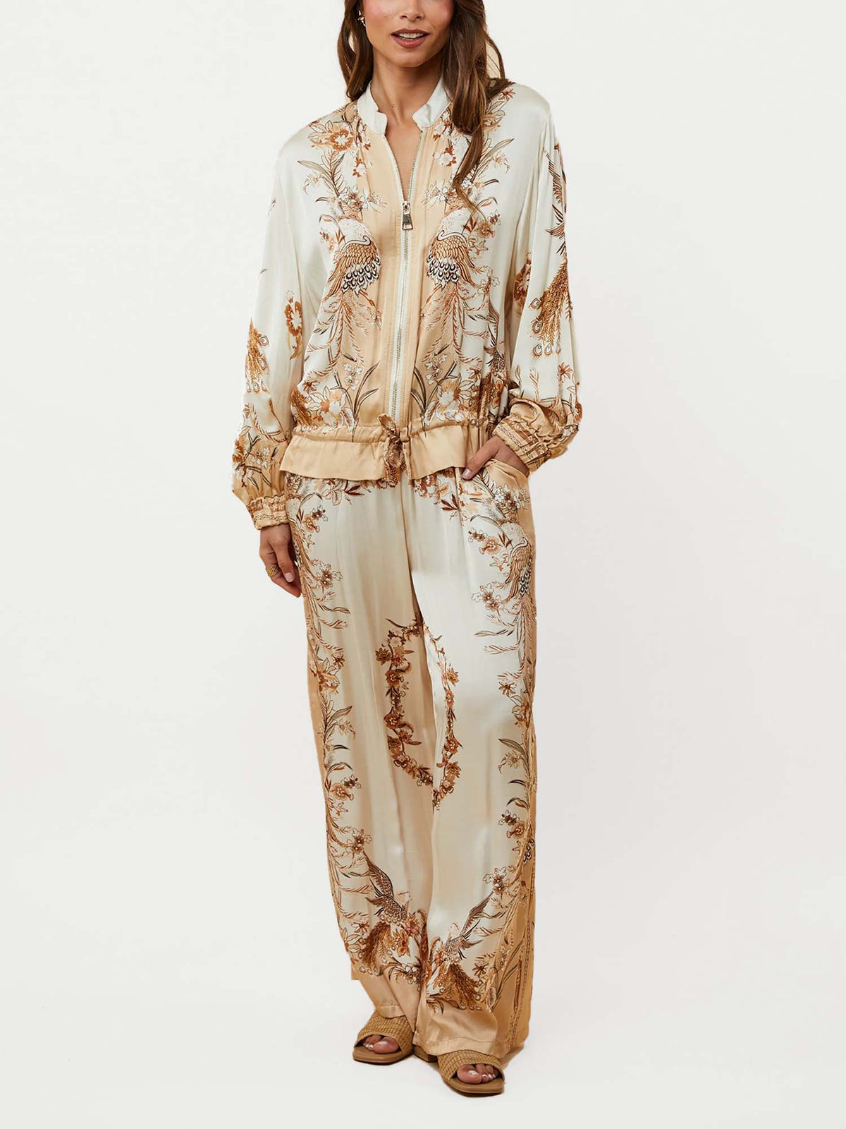 Vintage Bird Print Zip-Up Bomber Jacket & Wide-Leg Pants Two-Piece Set
