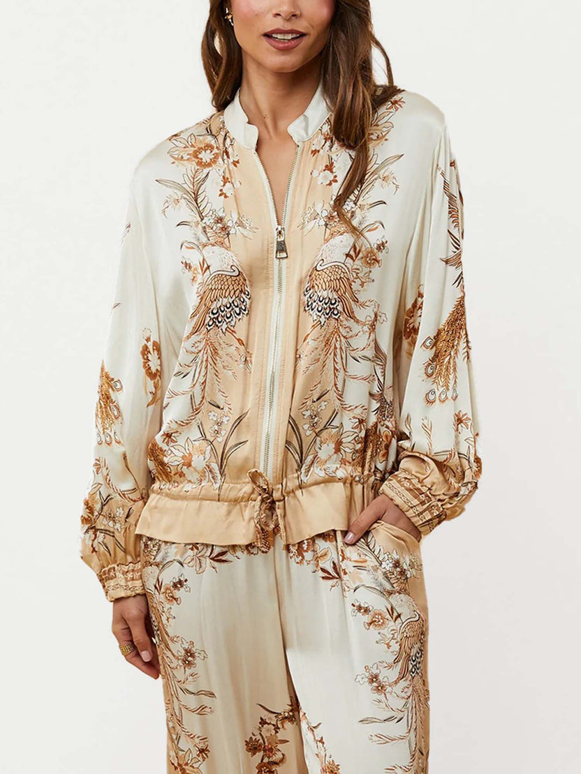 Vintage Bird Print Zip-Up Bomber Jacket & Wide-Leg Pants Two-Piece Set
