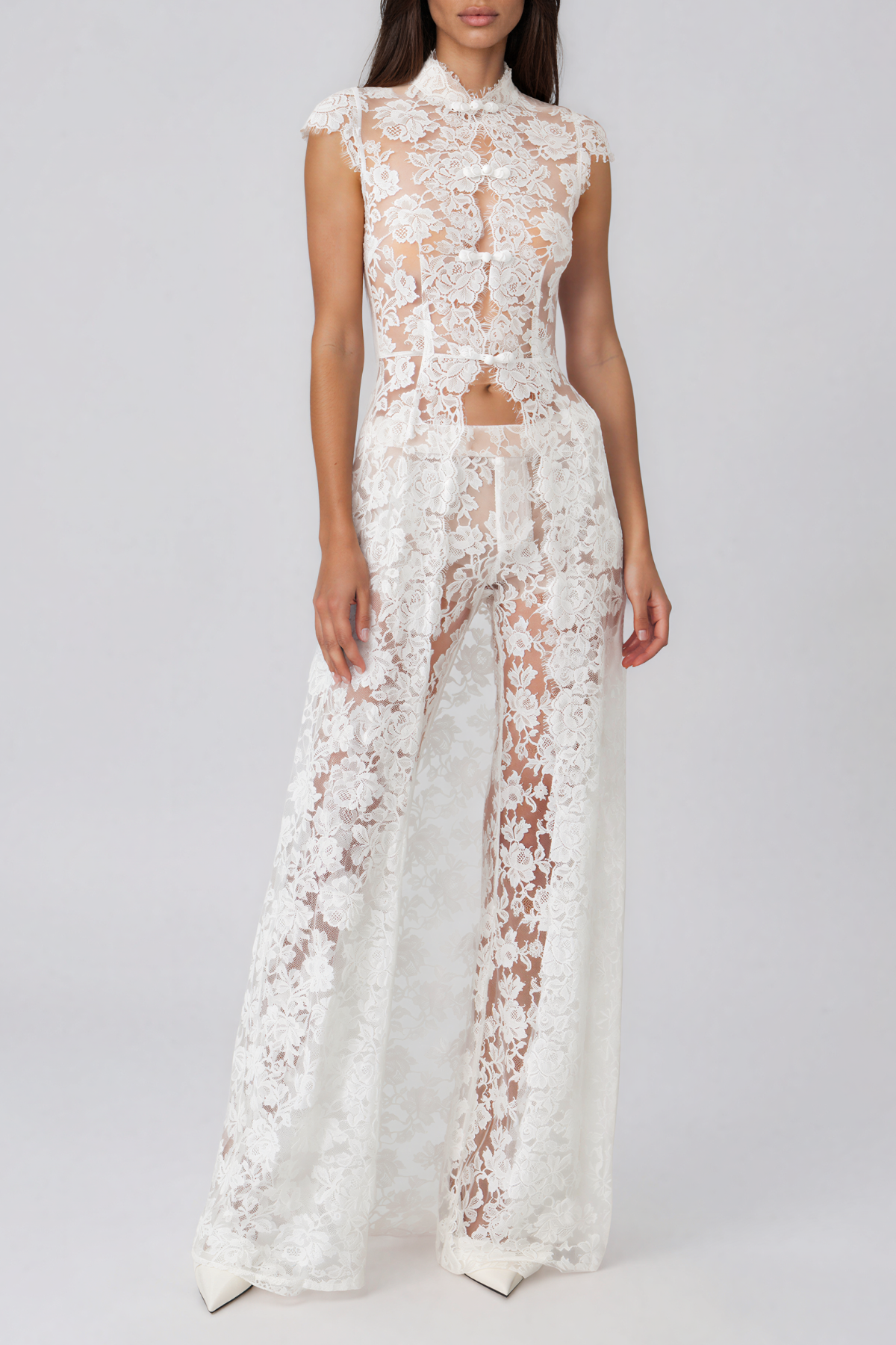 Elegant White Lace Cut-Out Two-Piece Set With Wide Leg Pants