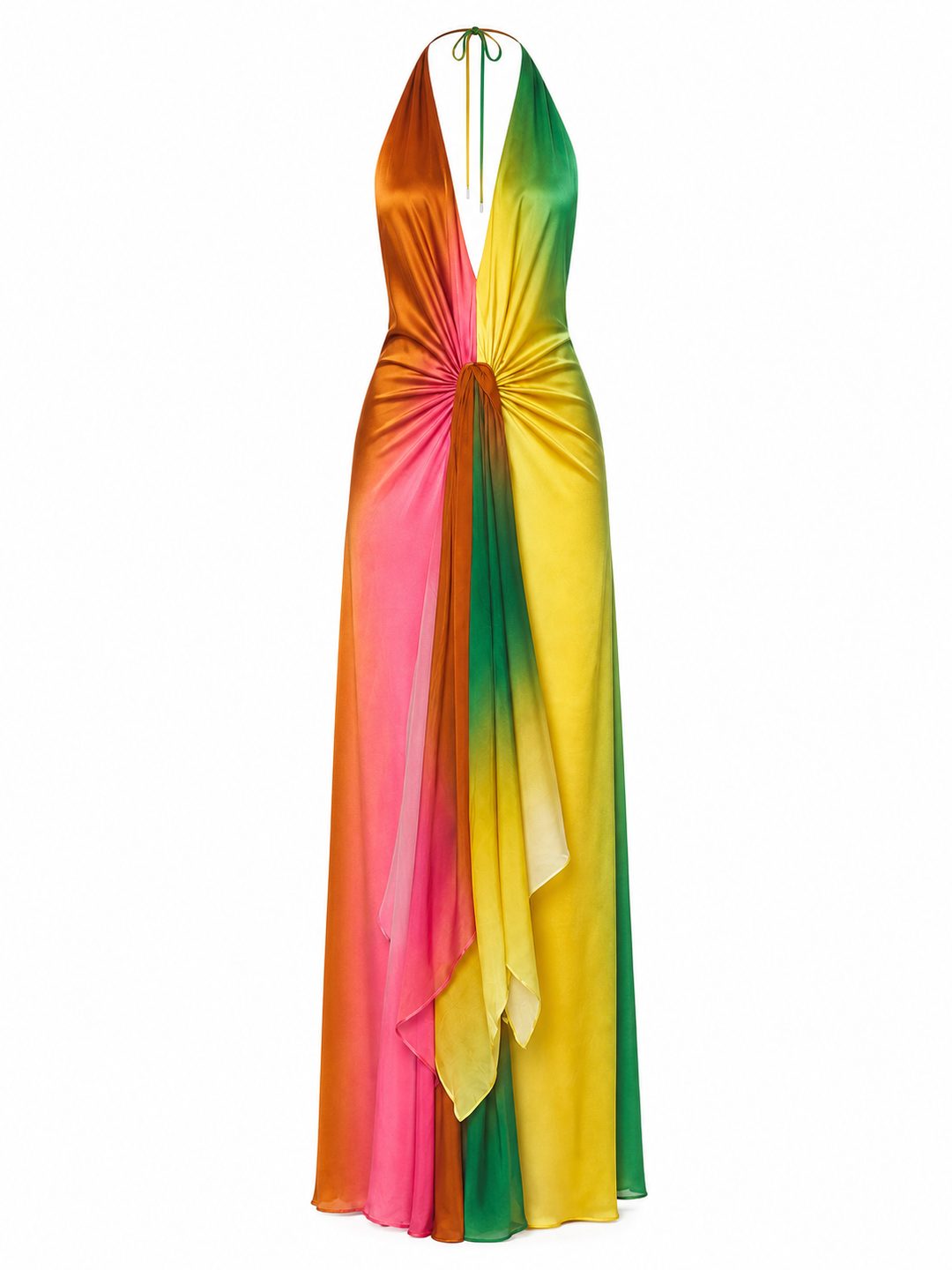 Vibrant Rainbow Gradient Halter Gown With Ruched Twist Detail