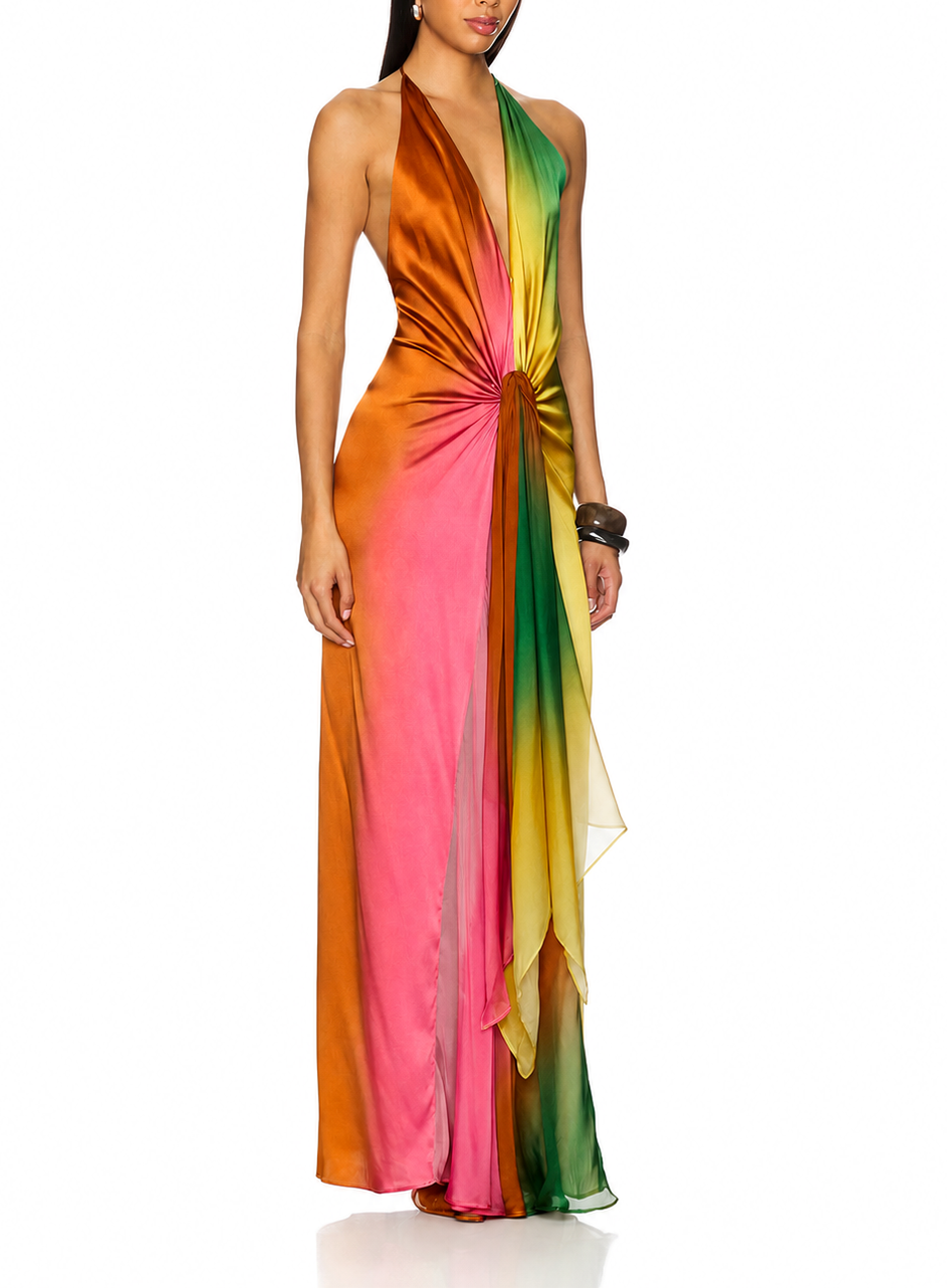 Vibrant Rainbow Gradient Halter Gown With Ruched Twist Detail