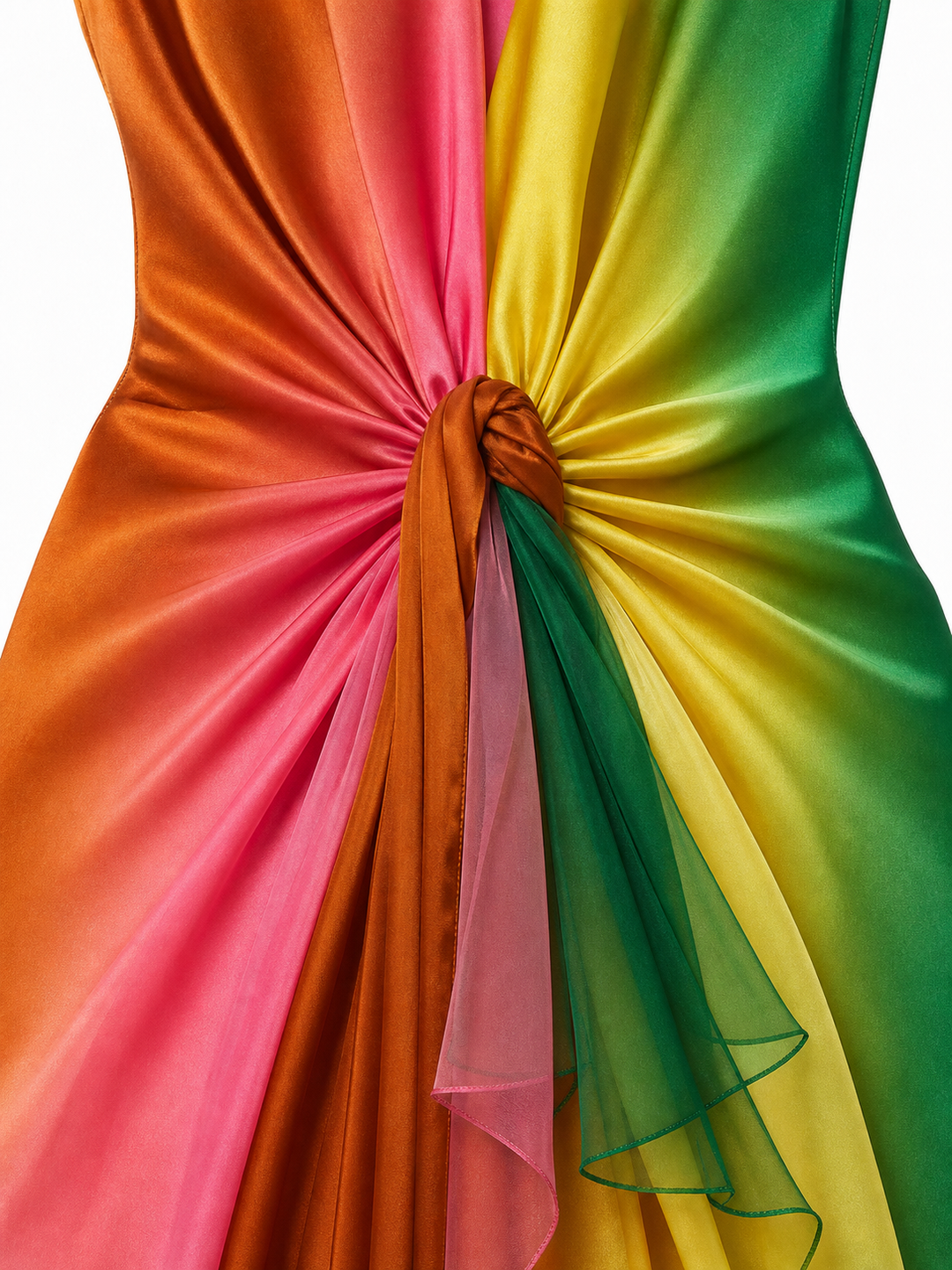 Vibrant Rainbow Gradient Halter Gown With Ruched Twist Detail